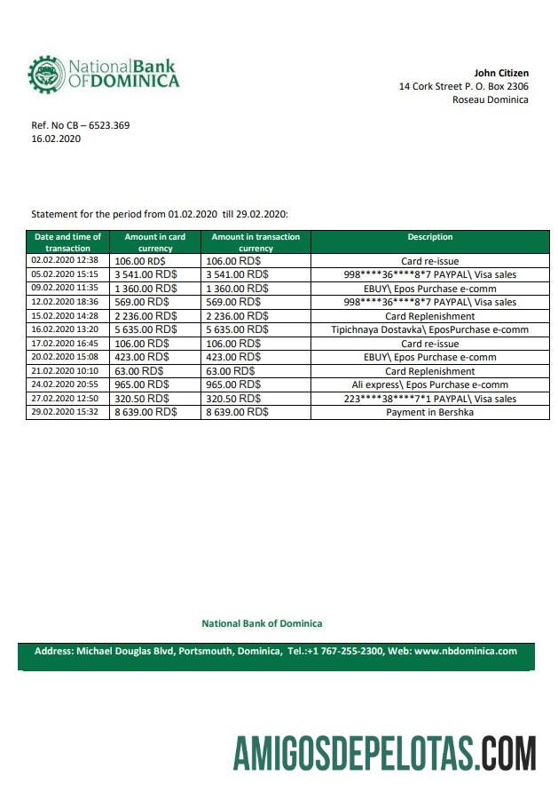 Dominica National Bank Of Dominica extrato bancário amostra